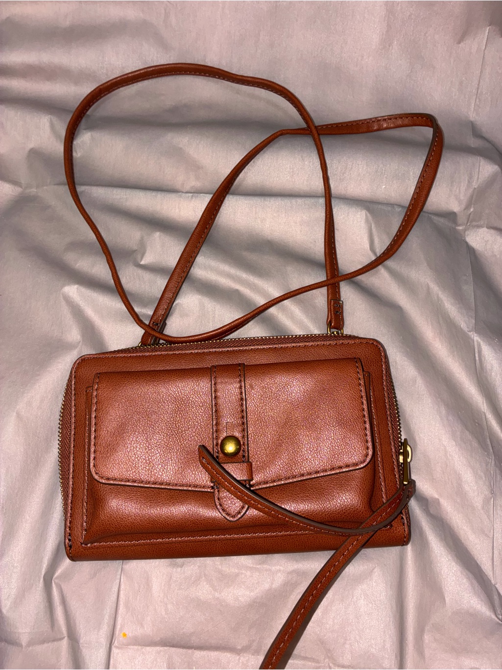 Fossil Cognac Brown Leather Crossbody Wallet